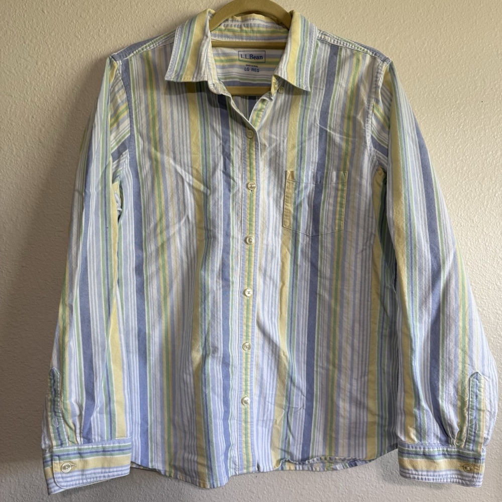 L.L‎ Bean Button Down Shirt Women's Large Yellow Blue White Long Sleeve Striped
